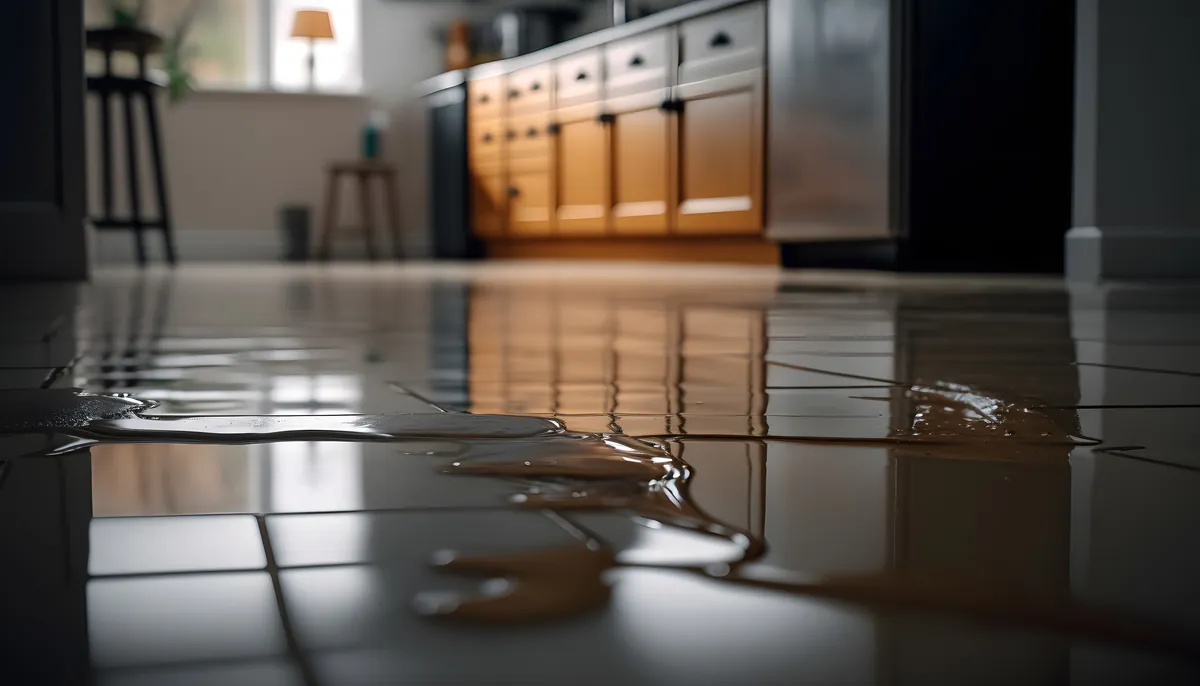 Water spreading across a tile floor from a hidden leak, from our Costa Mesa guide: Costa Mesa Leak Detection Orange County Homeowners Actually Use